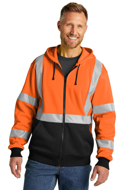CornerStone heavy-duty full-zip fleece hoodie for cold weather, safety orange work jacket with front view.