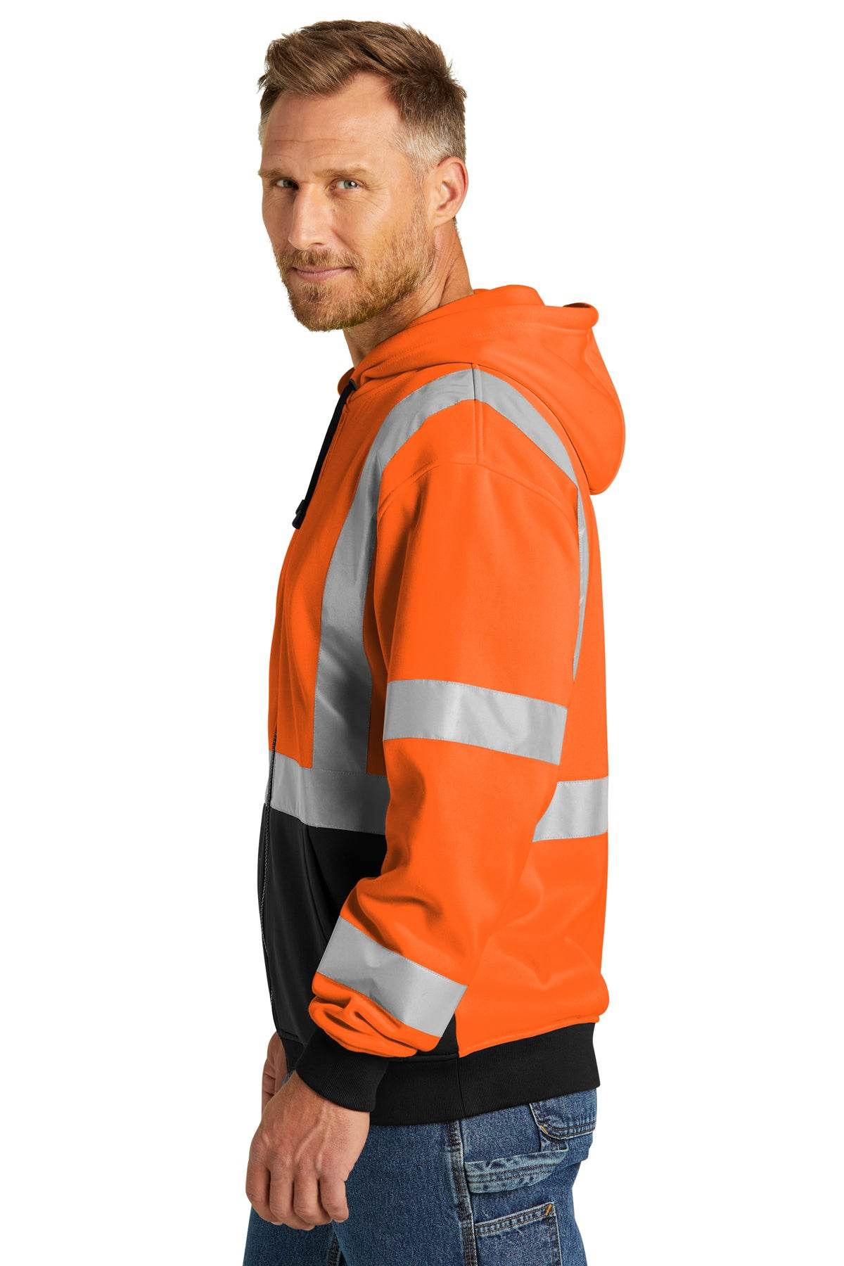 CornerStone heavy-duty full-zip fleece hoodie for men, safety orange work jacket designed for cold weather and heavy use.