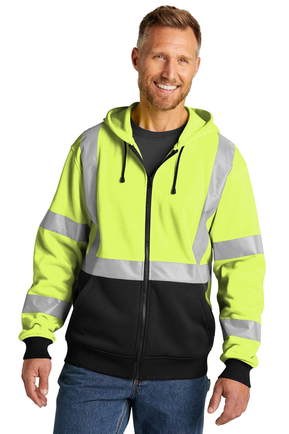 CornerStone Heavy-Duty Full-Zip Fleece Hoodie for cold weather, safety yellow work jacket with front zipper and warm fleece interior.