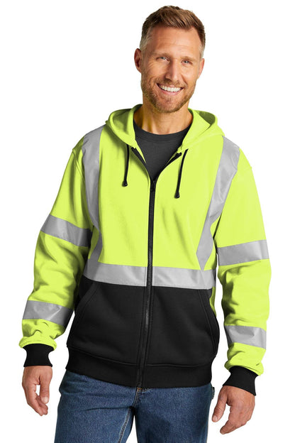 CornerStone Heavy-Duty Full-Zip Fleece Hoodie for cold weather, safety yellow work jacket with front zipper and warm fleece interior.