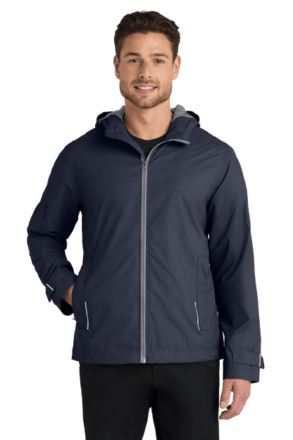 Port Authority waterproof rain jacket with printed design, showcasing its durable water-resistant fabric and customizable options.