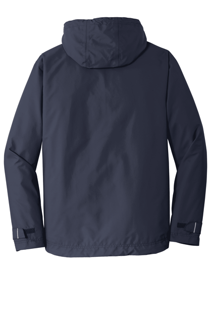 Port Authority waterproof navy rain jacket with printed design, shown from the front, customizable and suitable for wet weather.