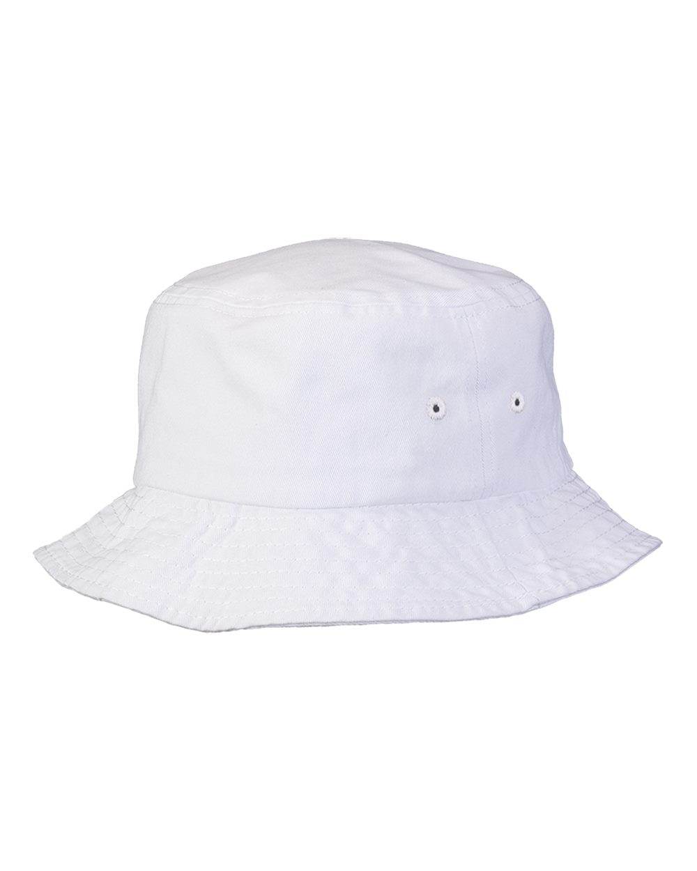 White bucket hat by Print-View featuring a printed design, available plain or customizable for personalized style.