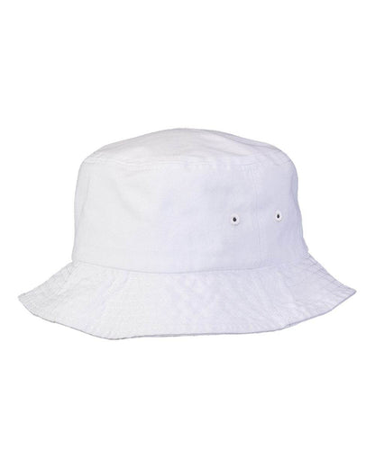 White bucket hat by Print-View featuring a printed design, available plain or customizable for personalized style.