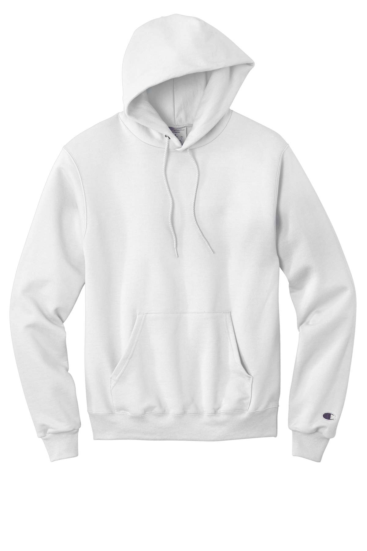 White Champion Powerblend hoodie with custom logo print, soft fleece fabric, and classic fit.