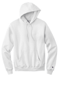 White Champion Powerblend hoodie with custom logo print, soft fleece fabric, and classic fit.