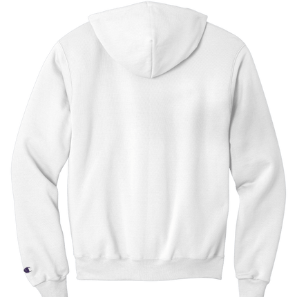 White Champion Powerblend Pullover Hoodie – soft fleece, classic fit with custom logo Print by Print View Back