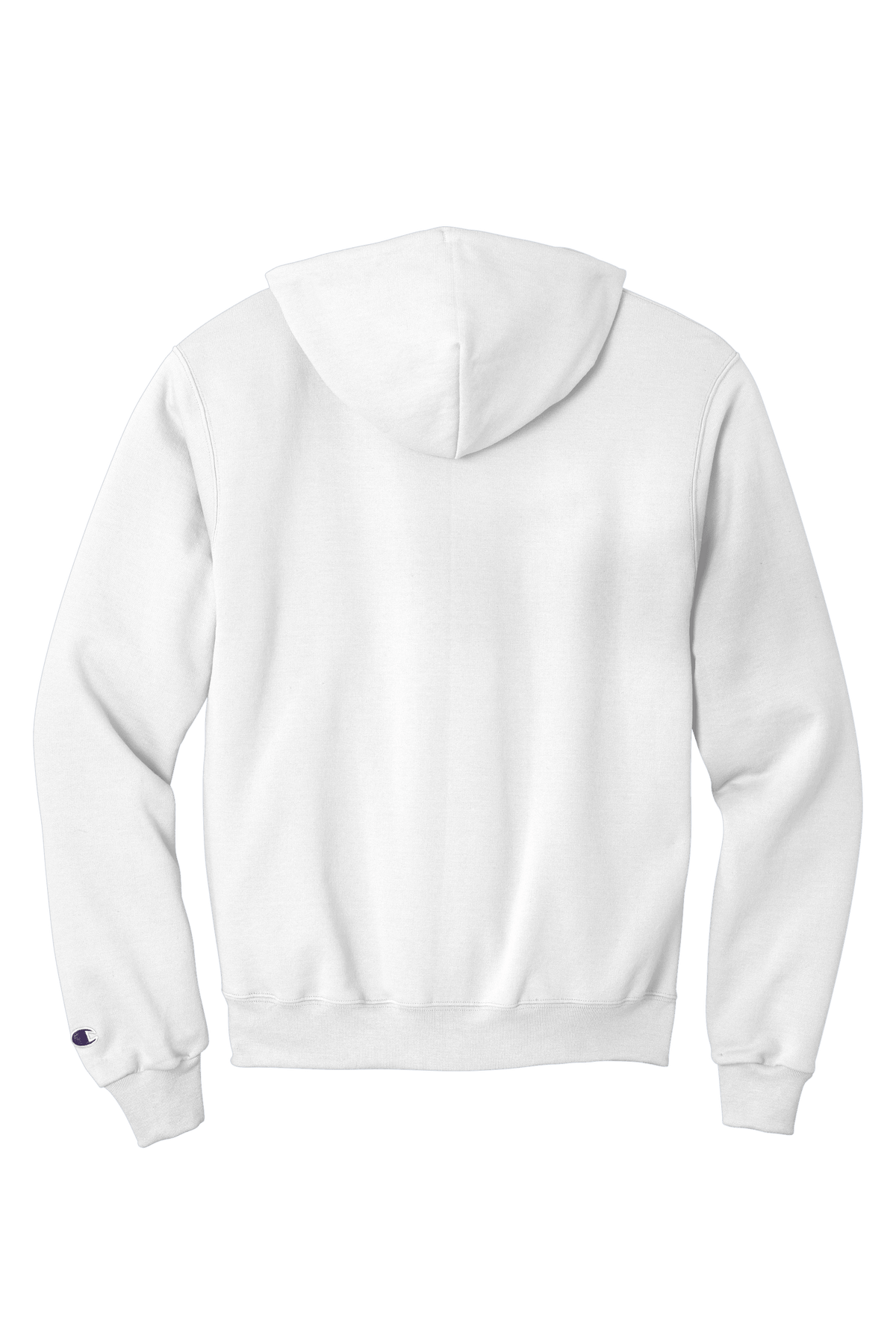 White Champion Powerblend pullover hoodie with custom logo print, soft fleece interior, classic fit, shown from back view