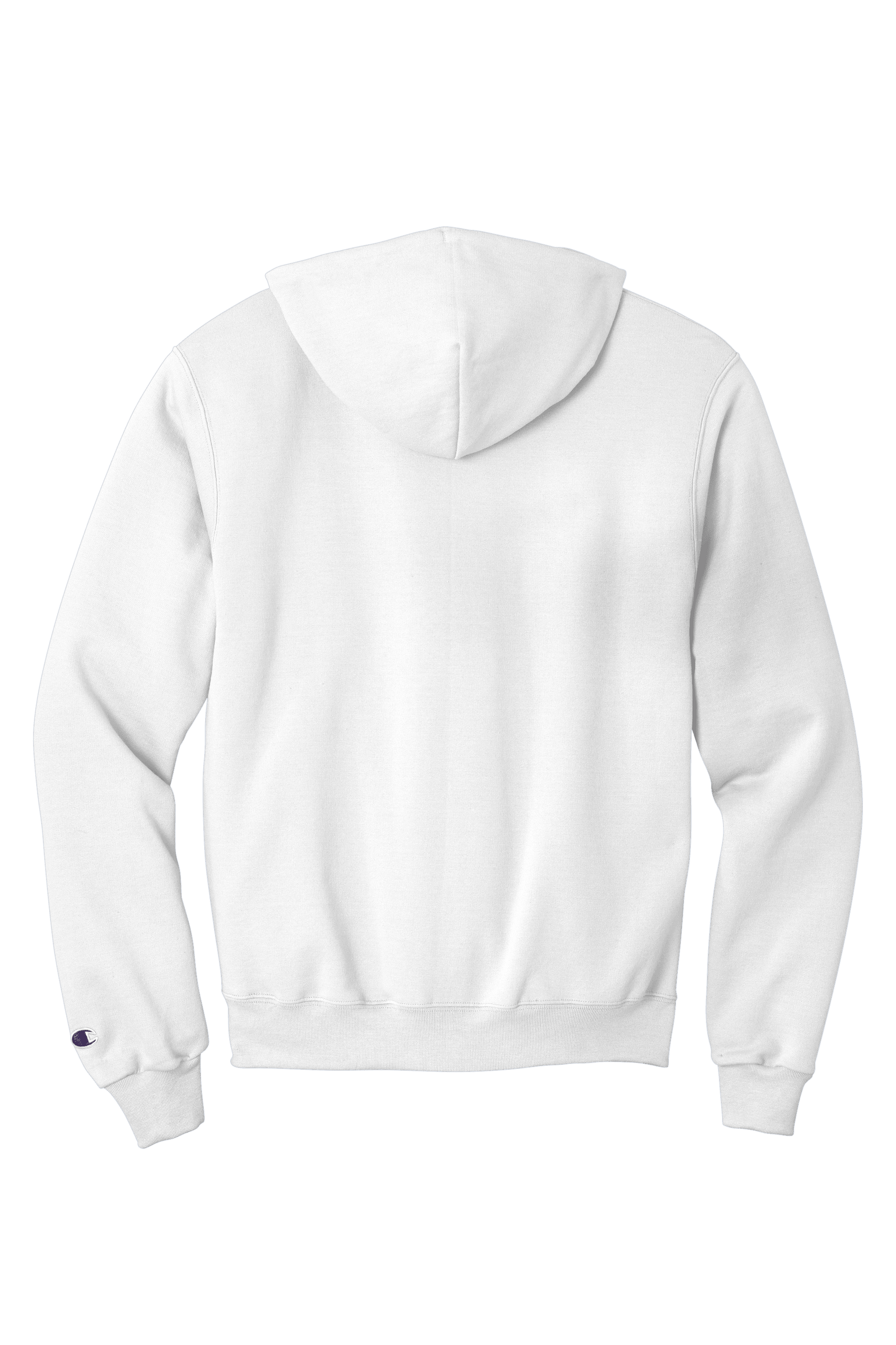 White Champion Powerblend pullover hoodie with custom logo print, soft fleece interior, classic fit, shown from back view