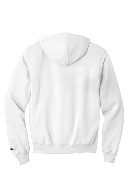 White Champion Powerblend pullover hoodie with custom logo print, soft fleece interior, classic fit, shown from back view