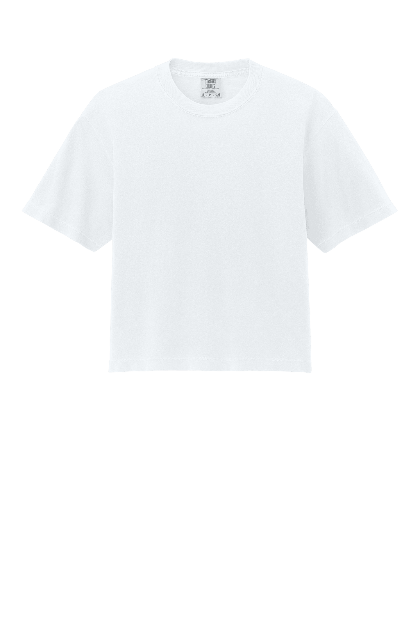 White Comfort Colors women's heavyweight boxy crop top with relaxed fit and garment-dyed finish, featuring a custom print.