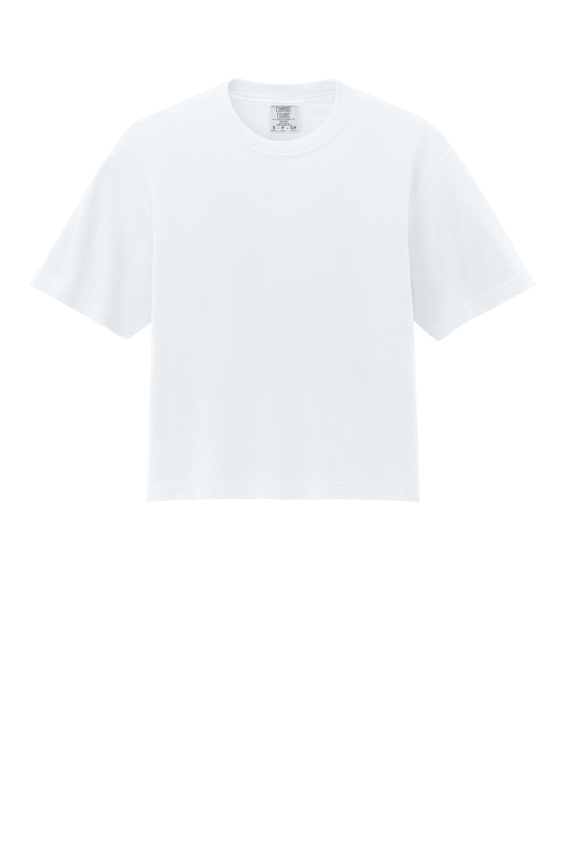 White Comfort Colors women's heavyweight boxy crop top with relaxed fit and garment-dyed finish, featuring a custom print.