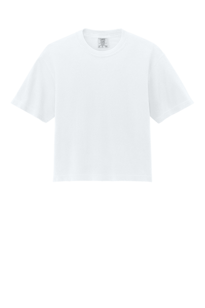 White Comfort Colors women's heavyweight boxy crop top with relaxed fit and garment-dyed finish, featuring a custom print.