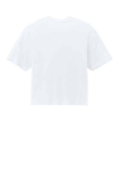 White Comfort Colors women's heavyweight boxy crop top with garment-dyed finish and custom print on the back.