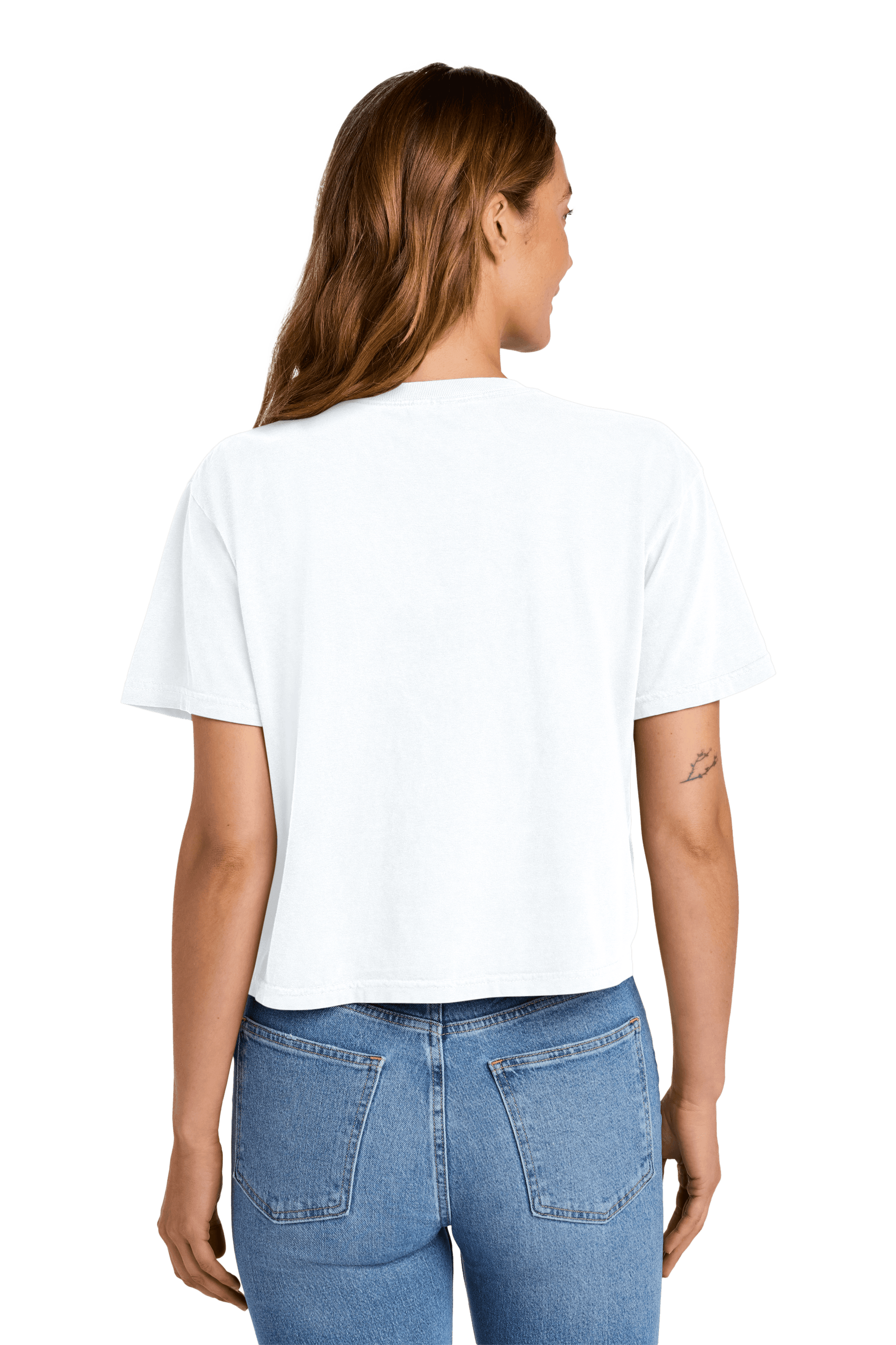 White Comfort Colors women's heavyweight crop top with relaxed fit, garment-dyed, boxy style, featuring a custom print on the back.