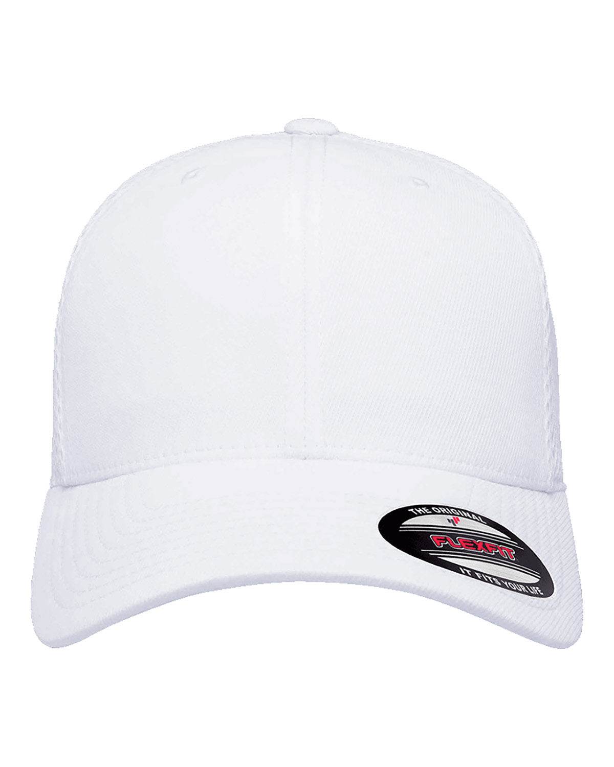White fitted mesh cap by Print-View featuring a printed design, perfect for customization or plain wear.