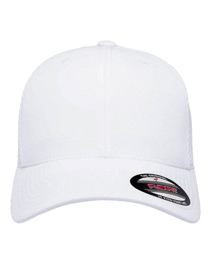 White fitted mesh cap by Print-View featuring a printed design, perfect for customization or plain wear.