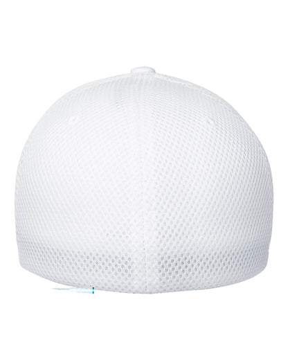 White fitted mesh cap by Print-View with back print, showcasing customizable design and classic fitted hat style.