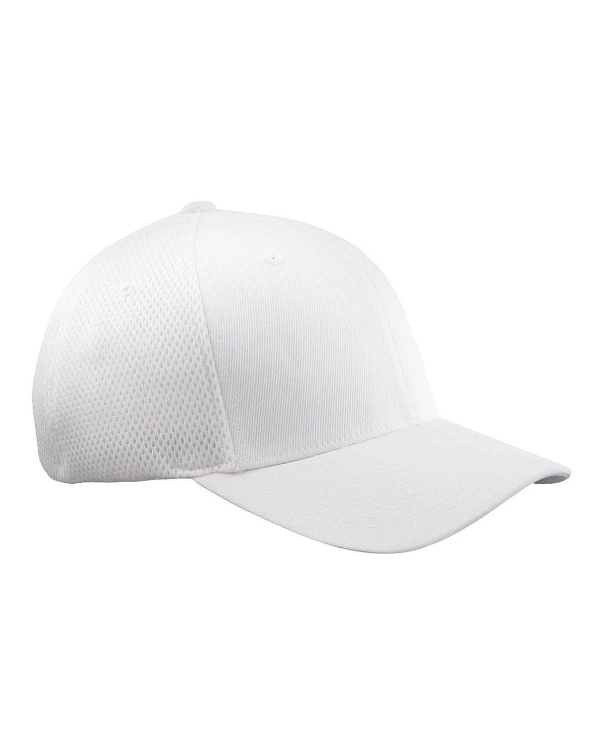 White fitted mesh cap by Print-View featuring printed design on the right side, ideal for customization or plain wear.
