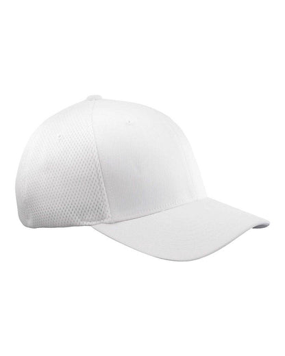 White fitted mesh cap by Print-View featuring printed design on the right side, ideal for customization or plain wear.