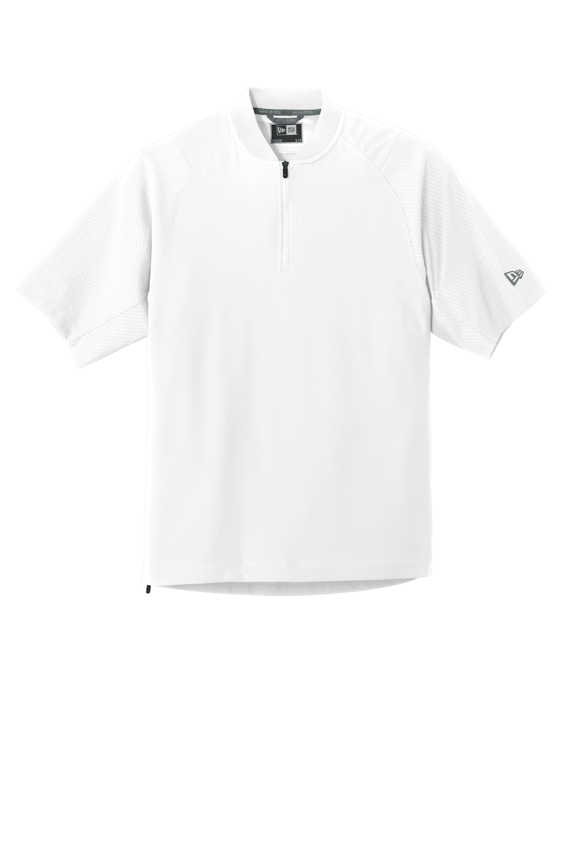 White New Era cage quarter zip short sleeve jacket with custom printed design, featuring a 1/4-zip front and lightweight fabric.