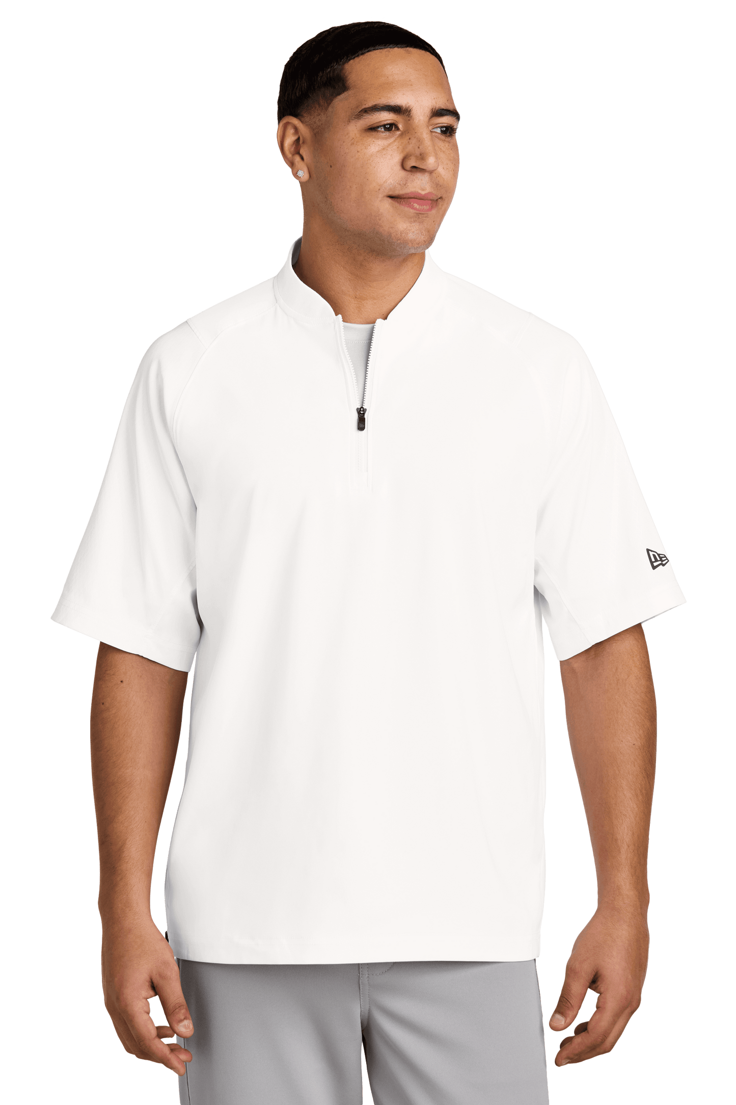 White New Era cage short sleeve quarter zip jacket with custom printed design, showcasing the stylish 1/4-zip apparel.