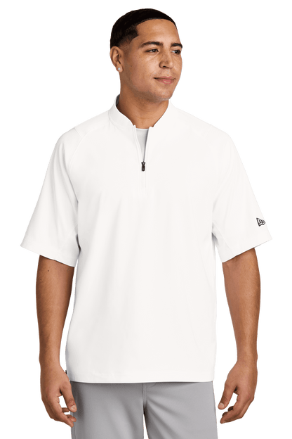 White New Era cage short sleeve quarter zip jacket with custom printed design, showcasing the stylish 1/4-zip apparel.