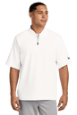 White New Era cage short sleeve quarter zip jacket with custom printed design, showcasing the stylish 1/4-zip apparel.