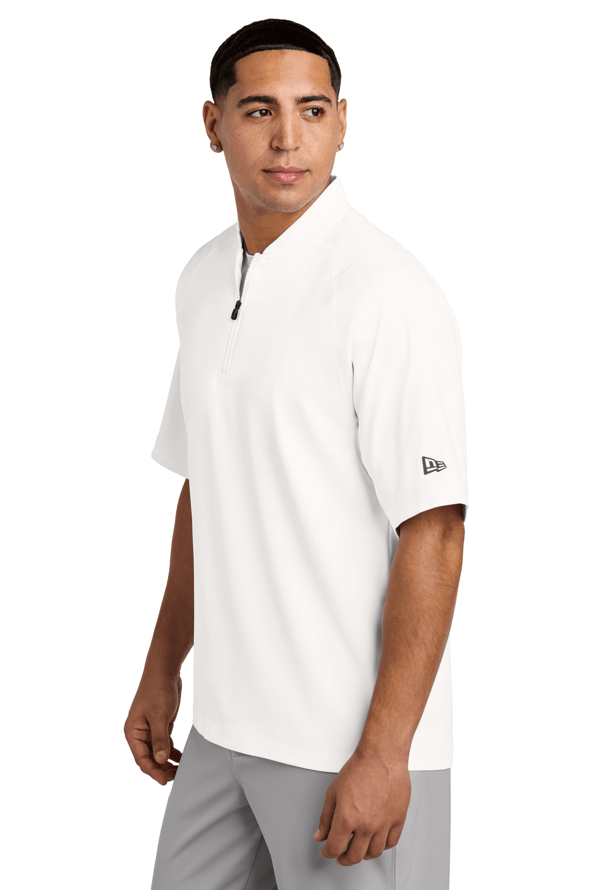 White New Era cage short sleeve quarter zip jacket with custom print, shown from side view.