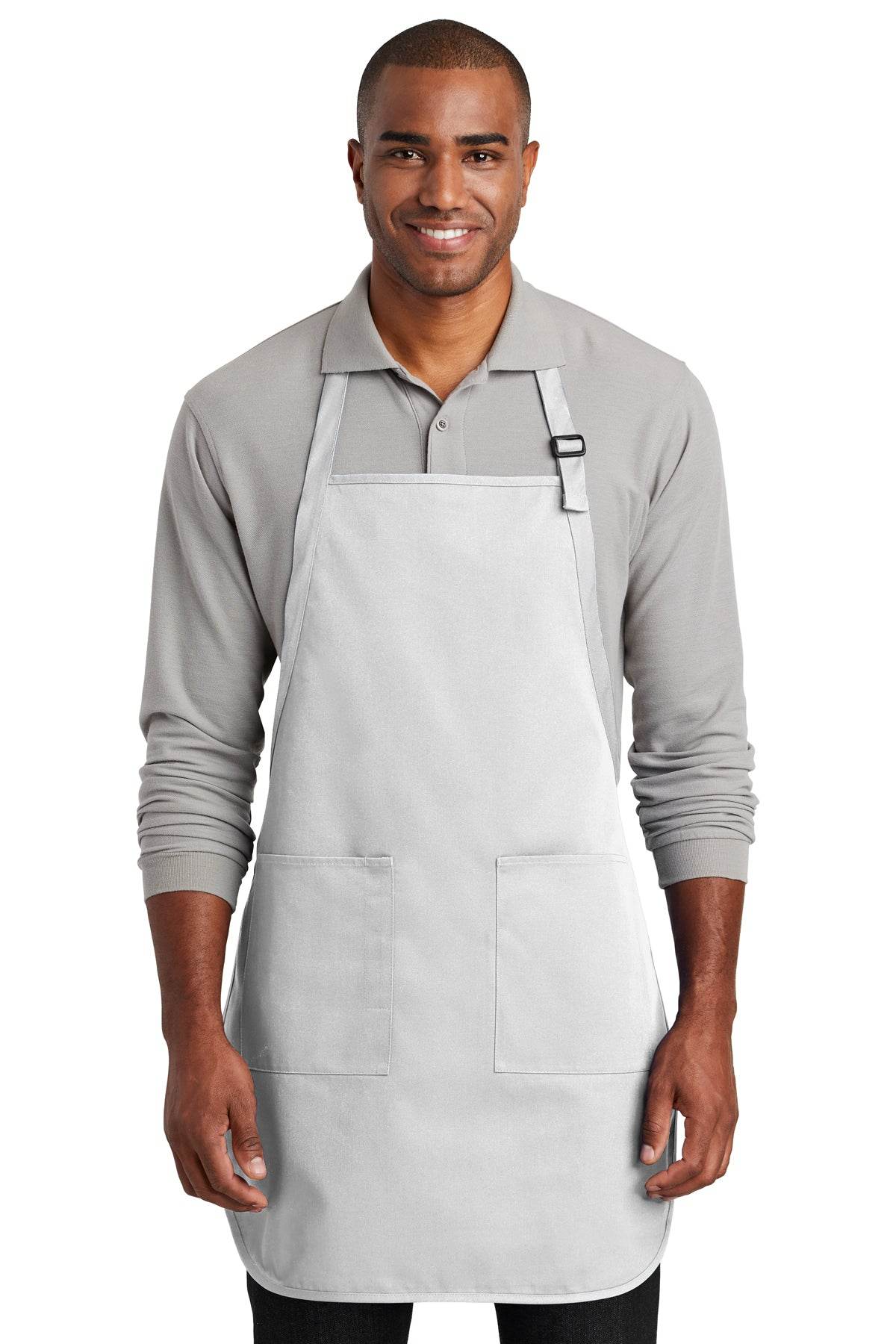White personalized cooking apron by Port Authority with custom printed text, ideal for BBQ, baking, and gifts.