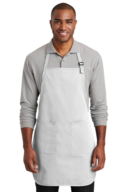 White personalized cooking apron by Port Authority with custom printed text, ideal for BBQ, baking, and gifts.