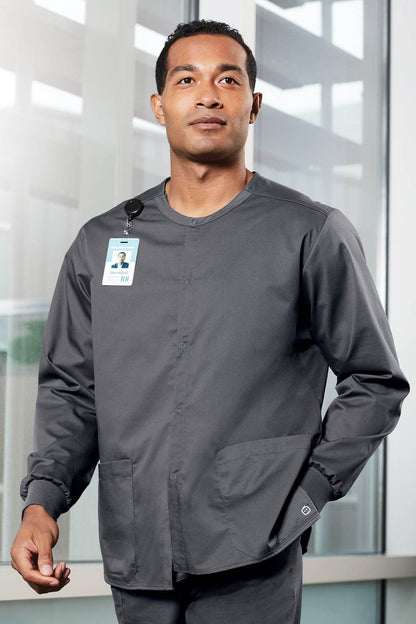 Wink unisex workwear scrub jacket in pewter grey with snap-front design, suitable for medical professionals.