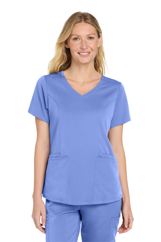Wink Women’s Premiere Flex Mock Wrap Top Light Blue Model Front