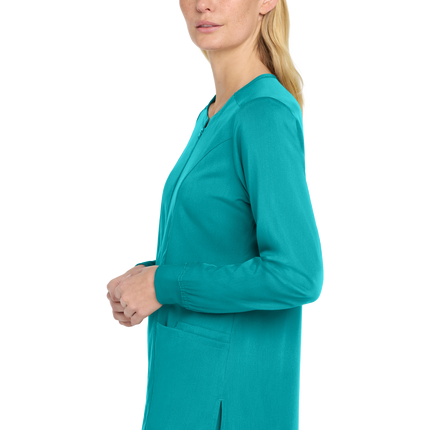 women's Full Zip Scrub nurse uniform teal print view model side