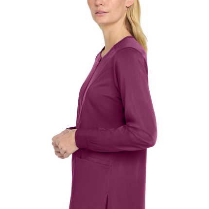 women's Full Zip Scrub nurse uniform wine print view model side