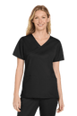 Women's black Medical WorkFlex™ mock wrap scrub top by Wink, featuring a stylish printed design, designed for medical professionals.