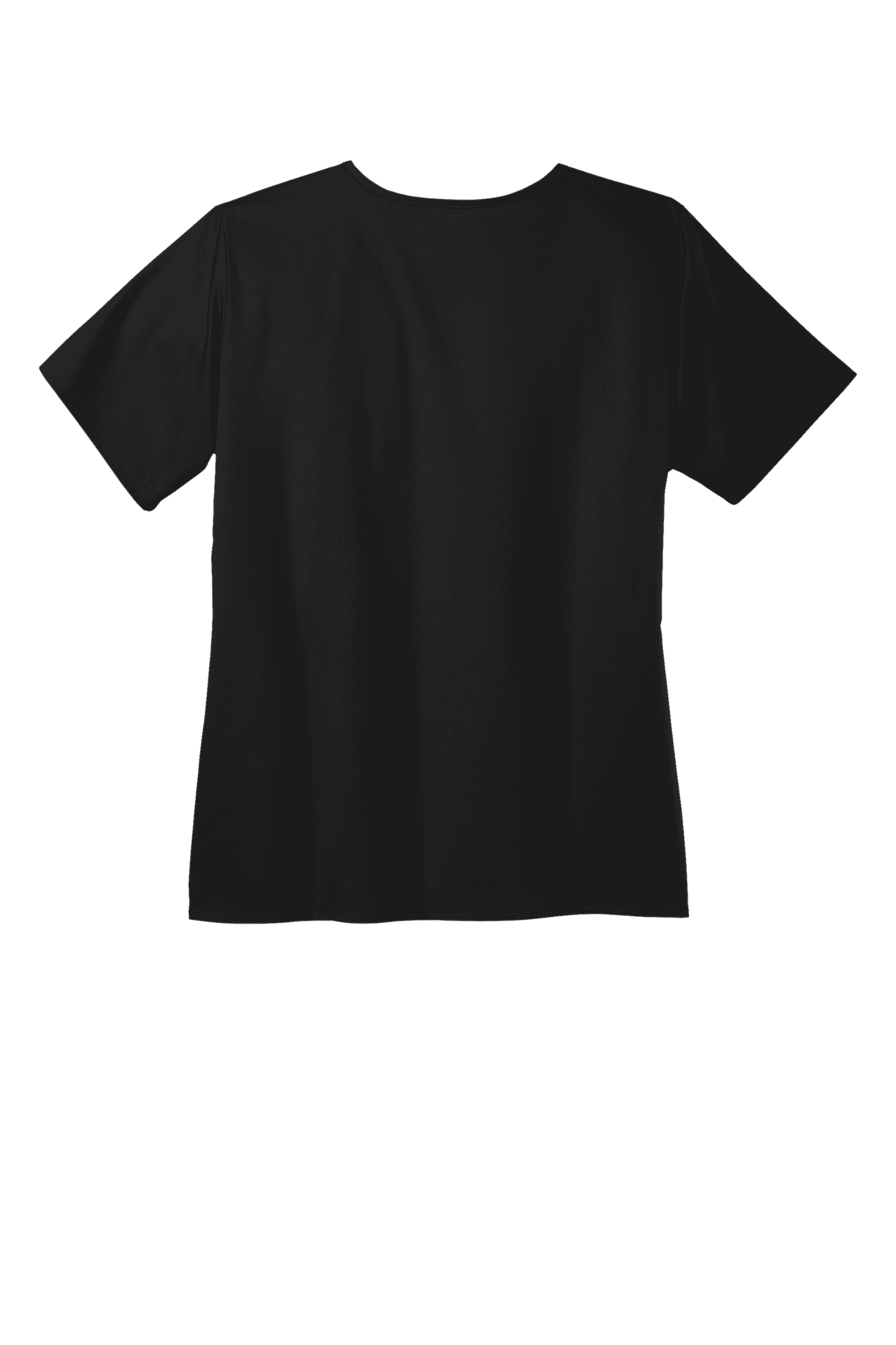 Women's Medical WorkFlex™ mock wrap scrub top by Wink with black print, shown from the back, lightweight and comfortable medical scrub.