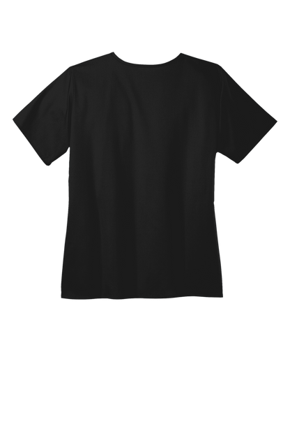 Women's Medical WorkFlex™ mock wrap scrub top by Wink with black print, shown from the back, lightweight and comfortable medical scrub.
