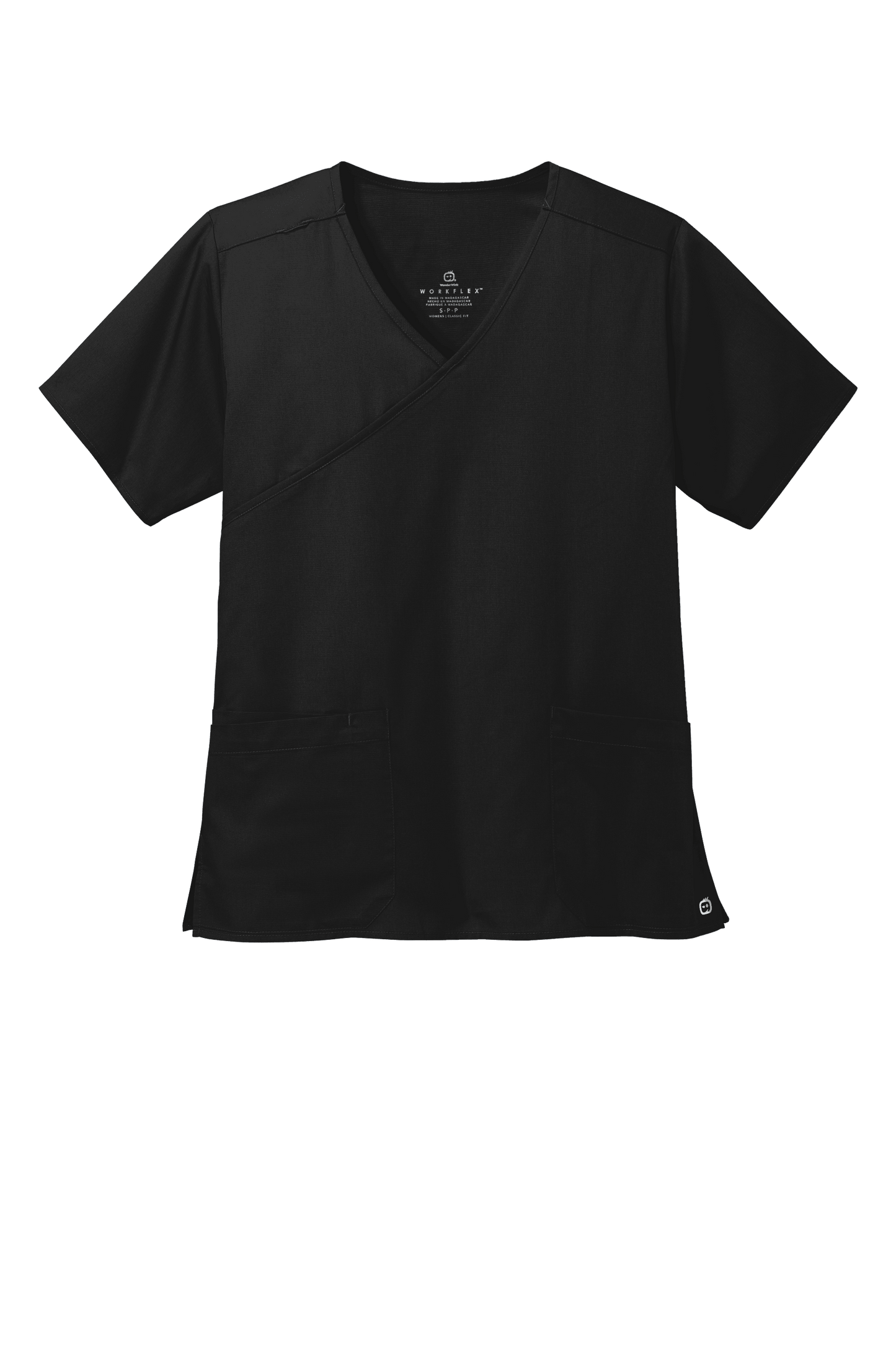 Women's Medical WorkFlex™ mock wrap scrub top by Wink with a black and white printed design, front view showing comfortable fit.
