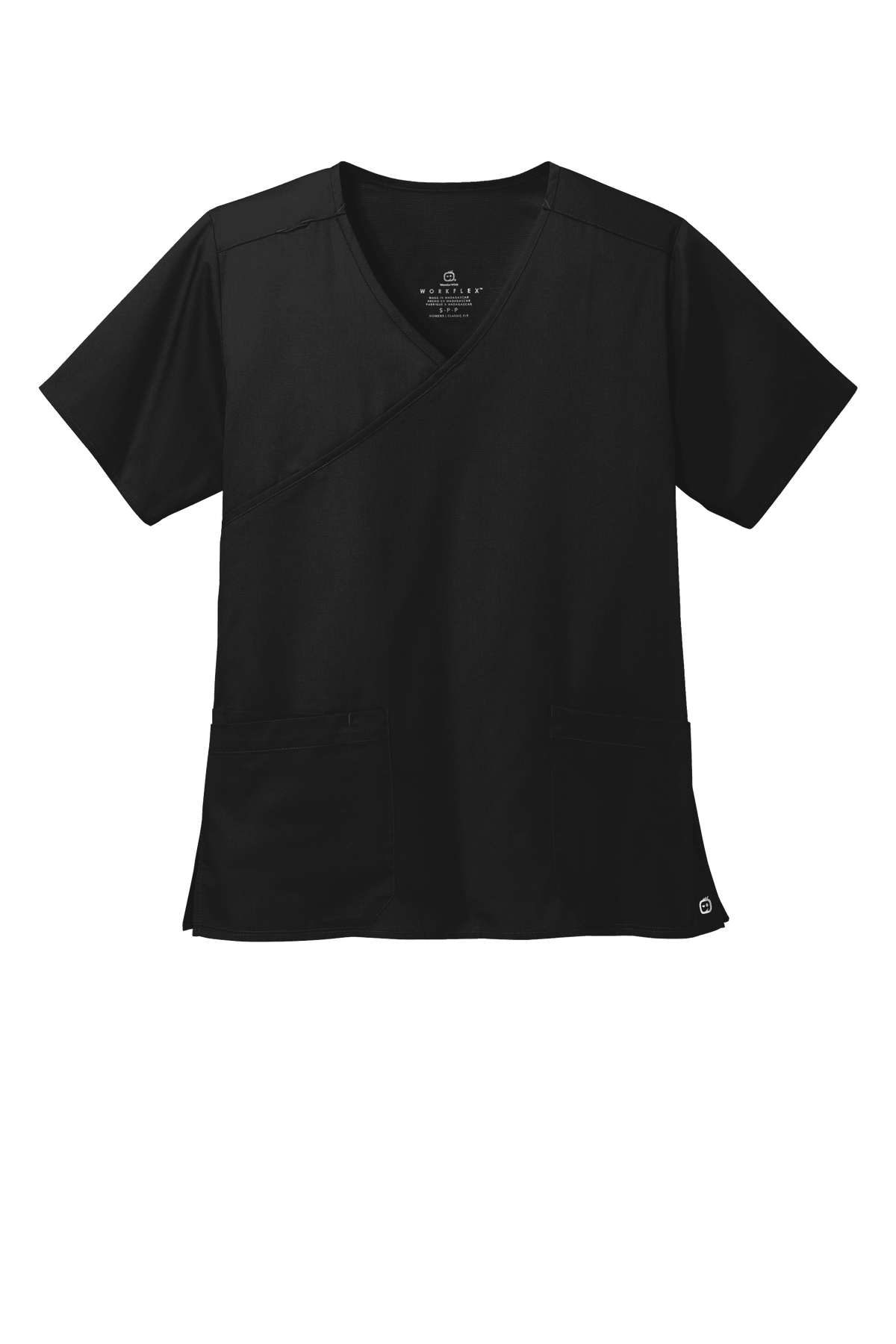 Women's Medical WorkFlex™ mock wrap scrub top by Wink with a black and white printed design, front view showing comfortable fit.