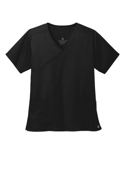 Women's Medical WorkFlex™ mock wrap scrub top by Wink with a black and white printed design, front view showing comfortable fit.