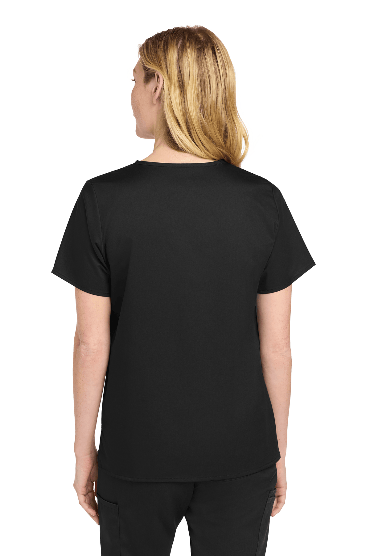 Black Women's Medical WorkFlex™ mock wrap scrub top with printed design, shown from the back on a female model.