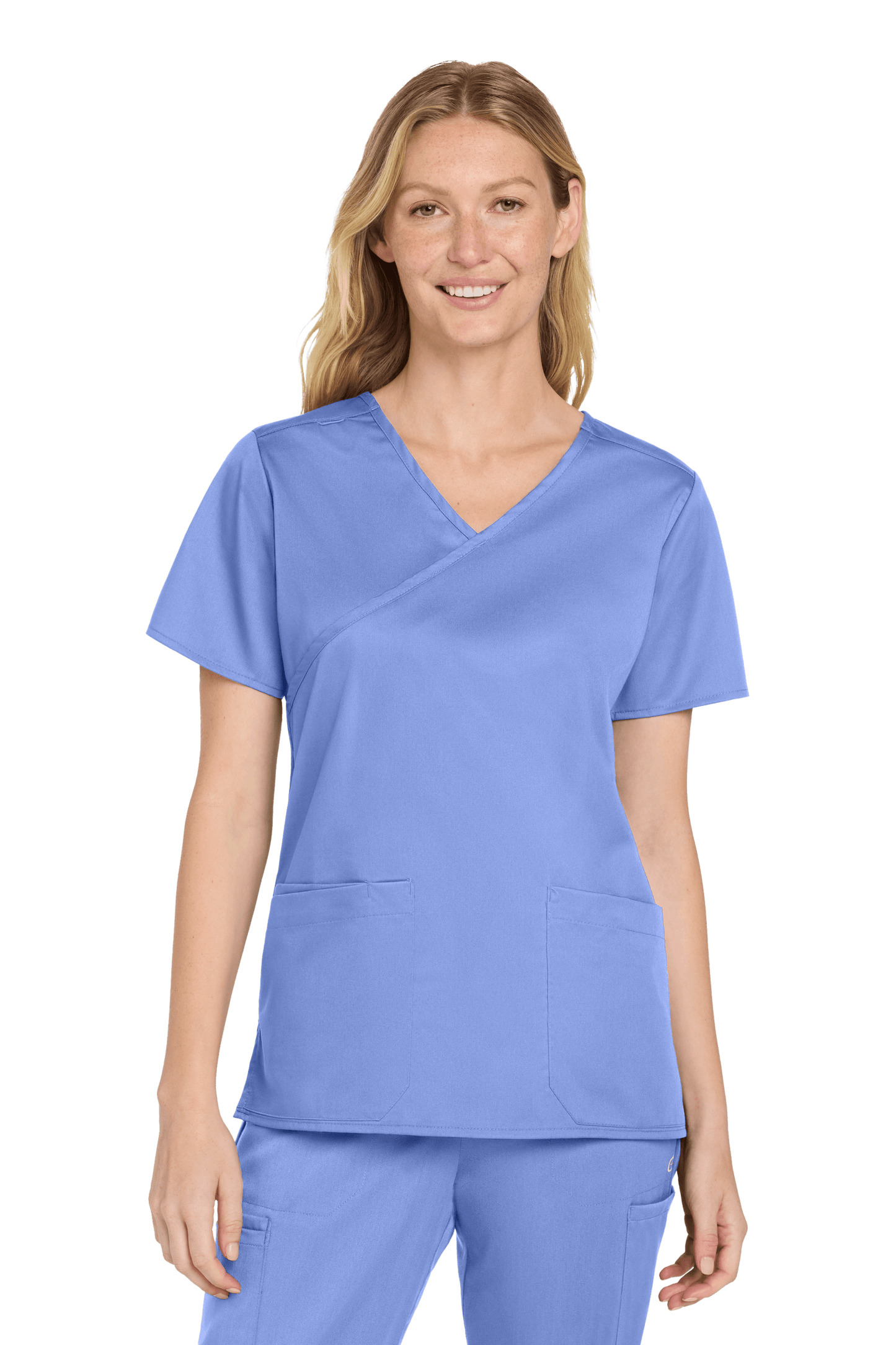 Light blue Women's Medical WorkFlex™ mock wrap scrub top by Wink with a stylish print, designed for comfortable healthcare workwear.