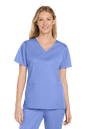 Light blue Women's Medical WorkFlex™ mock wrap scrub top by Wink with a stylish print, designed for comfortable healthcare workwear.