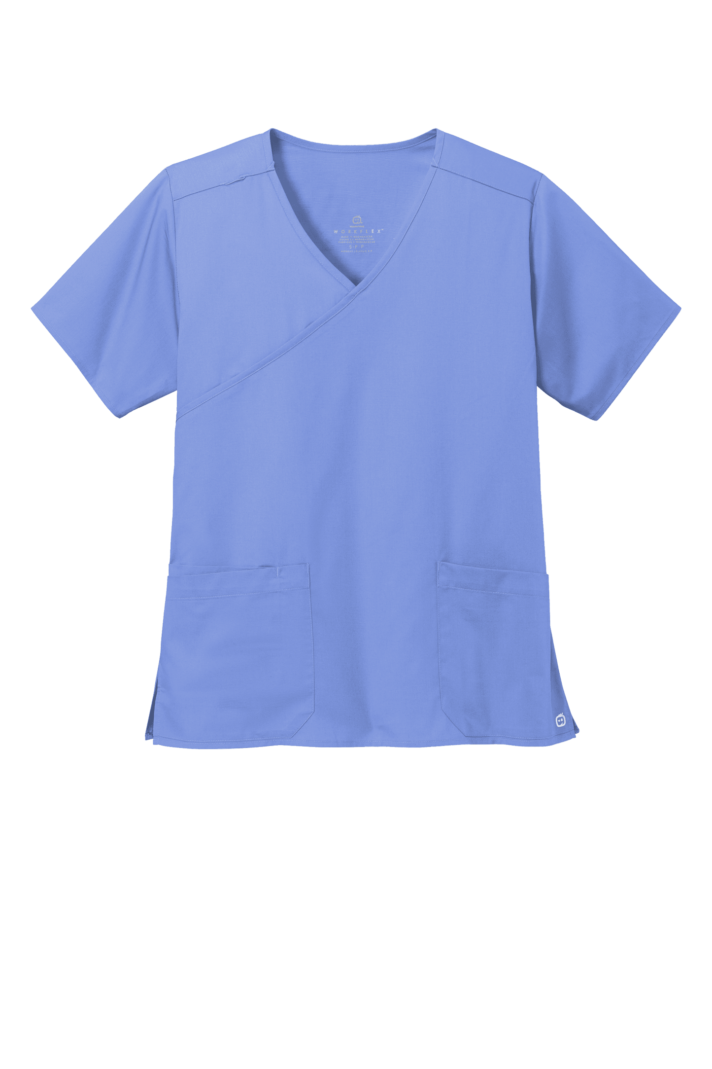 Light blue Women's Medical WorkFlex™ mock wrap scrub top by Wink, featuring a printed pattern, front view.