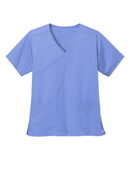 Light blue Women's Medical WorkFlex™ mock wrap scrub top by Wink, featuring a printed pattern, front view.