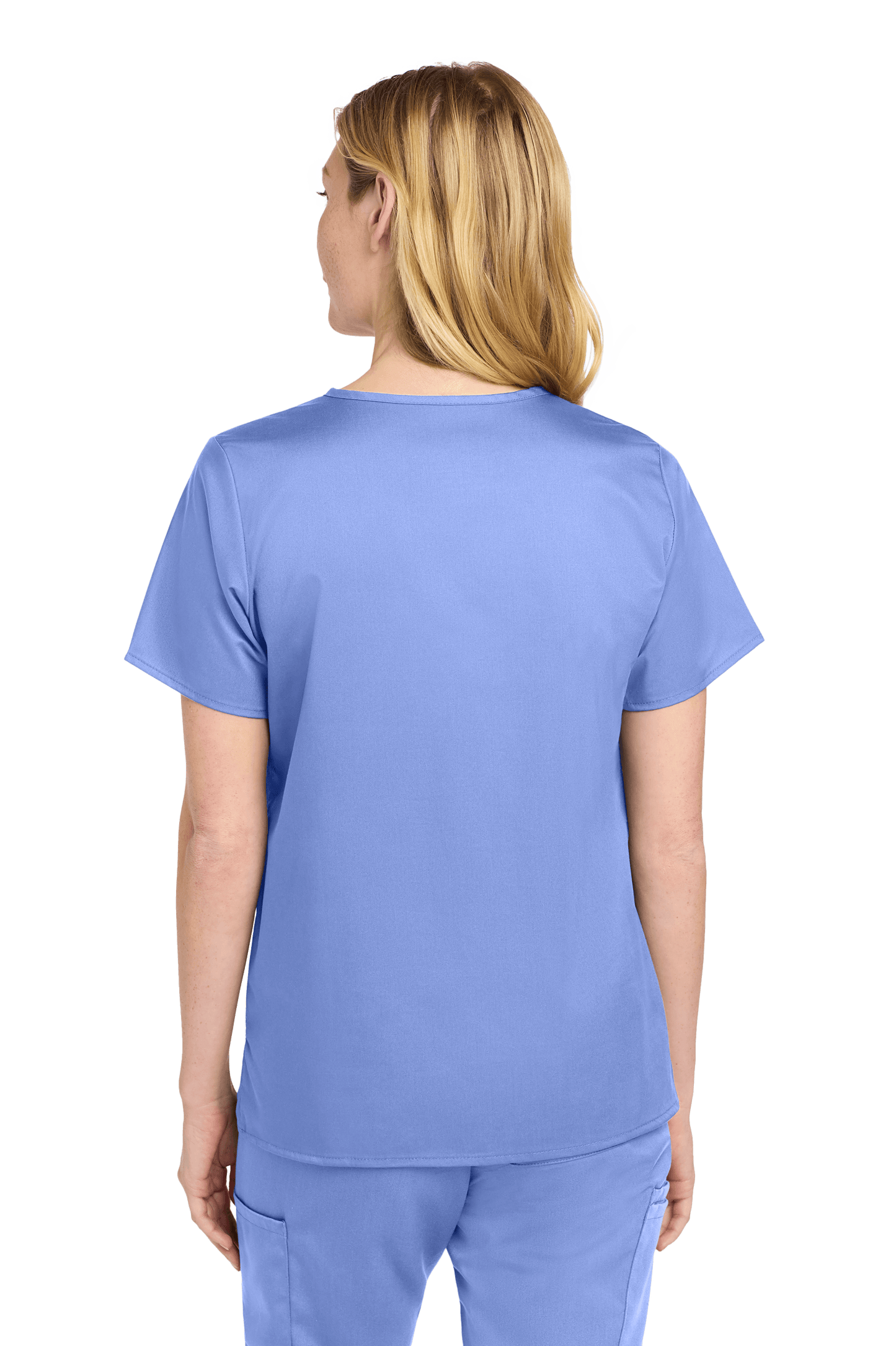 Light blue Women's Medical WorkFlex™ Mock Wrap Scrub Top with print, shown from the back on a female model.