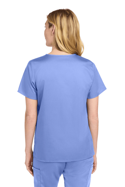 Light blue Women's Medical WorkFlex™ Mock Wrap Scrub Top with print, shown from the back on a female model.