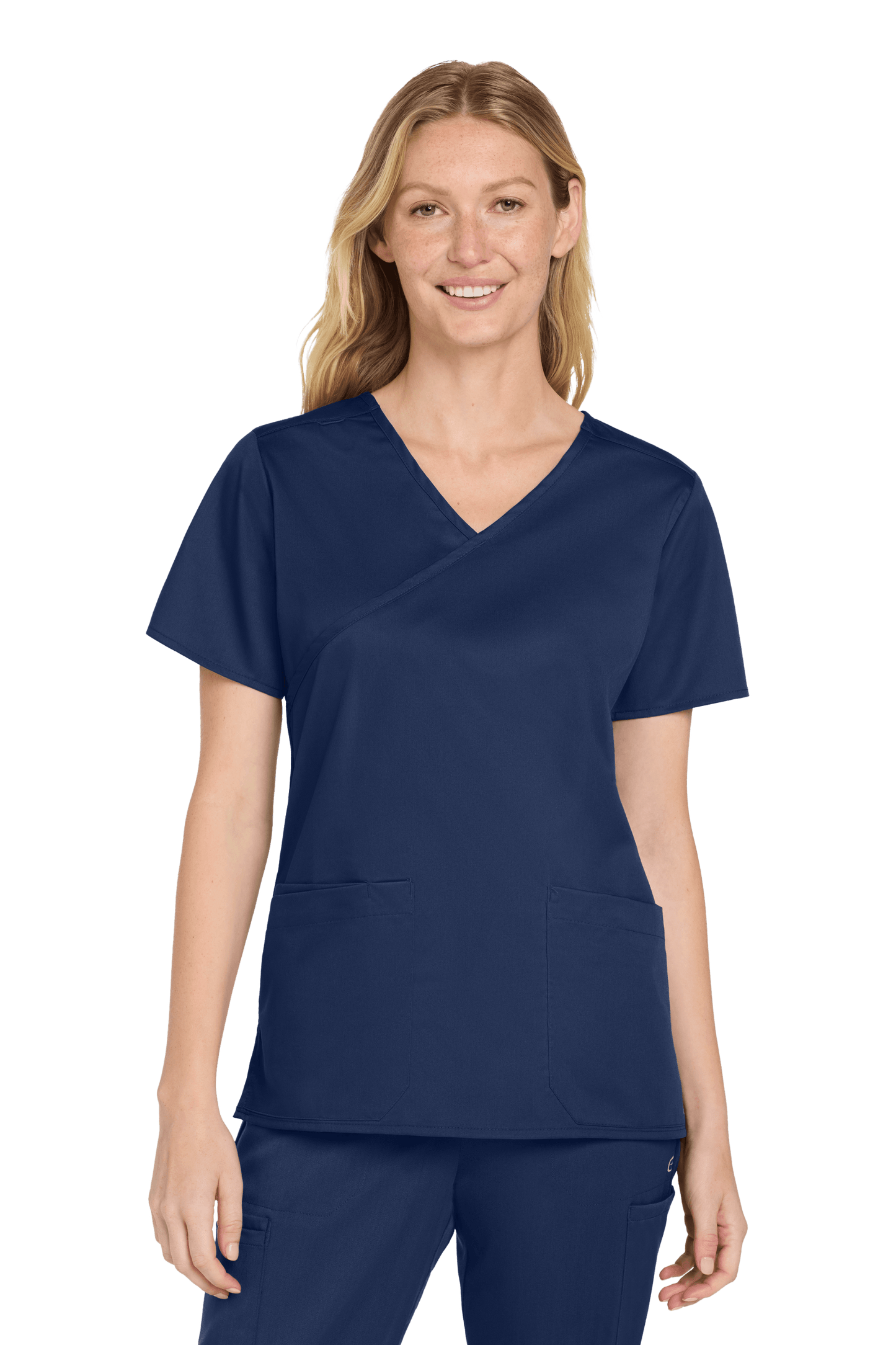 Navy Women's Medical WorkFlex™ mock wrap scrub top by Wink with printed pattern, designed for comfort and professional style.
