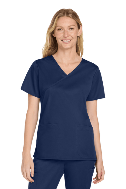 Navy Women's Medical WorkFlex™ mock wrap scrub top by Wink with printed pattern, designed for comfort and professional style.
